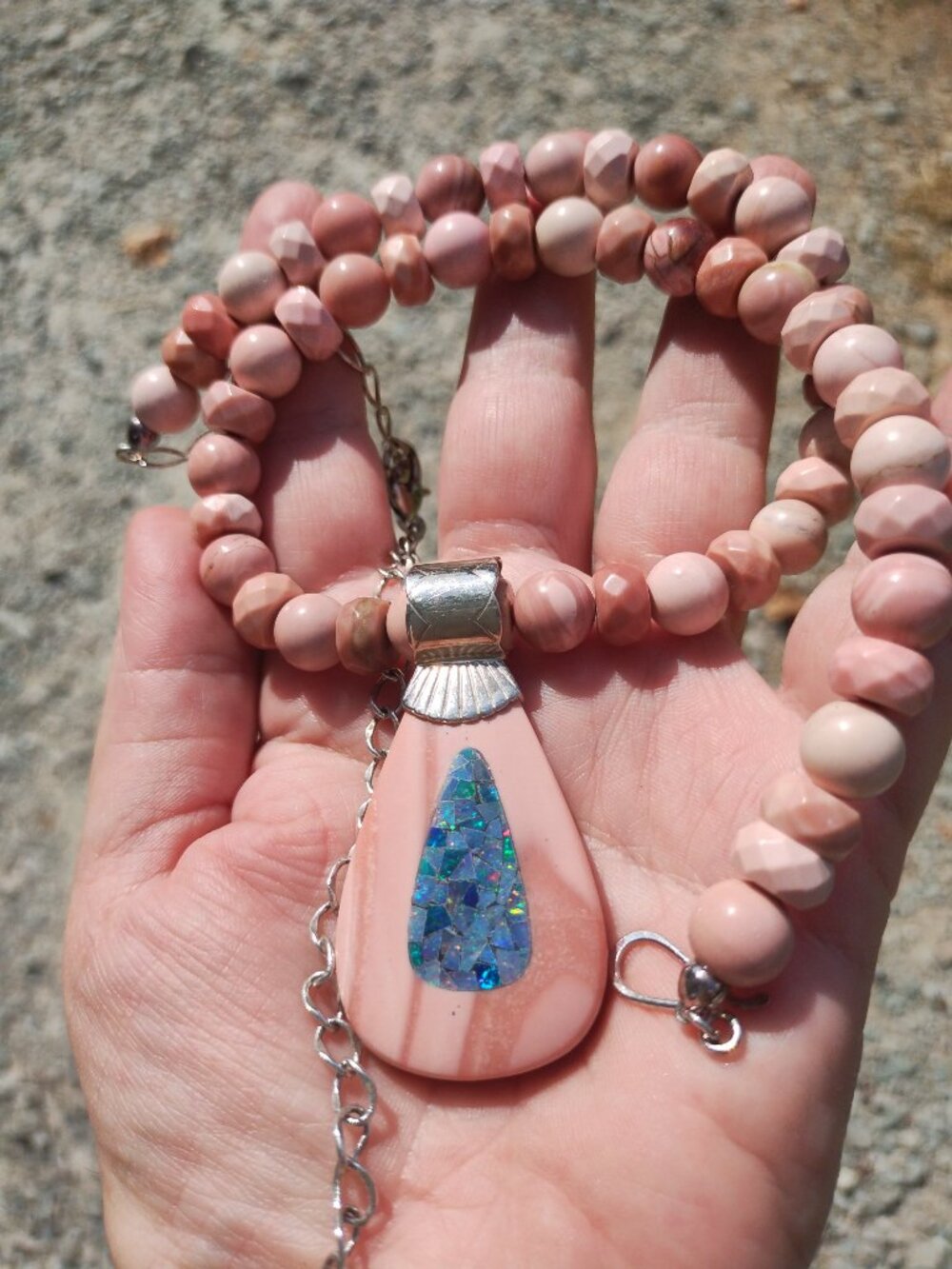 Jay King DTR 925 Sterling Silver Pink Opal Bead Blue Opal Inlay Pendant Necklace - Picture 5 of 6